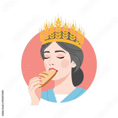 Vector portrait of a woman wearing a wheat crown, deeply savoring a fresh baguette