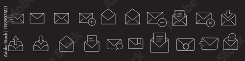 Minimalist line email icon set with editable stroke featuring inbox, message, envelope, notification, mailing, and interface symbols.