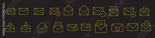 Minimalist line email icon set with editable stroke featuring inbox, message, envelope, notification, mailing, and interface symbols.