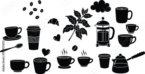 Black coffee silhouette icon set featuring coffee plant branches roasted beans french press espresso cups takeout mugs croissant and cafe elements