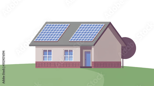A house with solar panels on the roof and a tree beside it on green grass