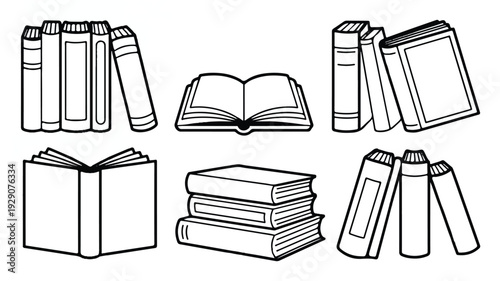 A set of black and white line drawings of books in various arrangements on a white background