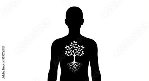 silhouette of a person torso with a white leafy tree and roots growing inside the chest