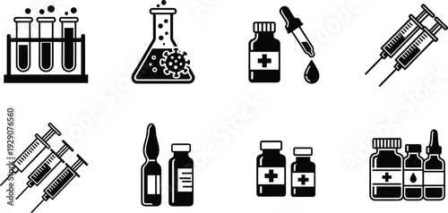 Medical laboratory and vaccination icons with test tubes, syringes, vaccine vials and dropper in flat vector illustration for healthcare and pharmaceutical design.