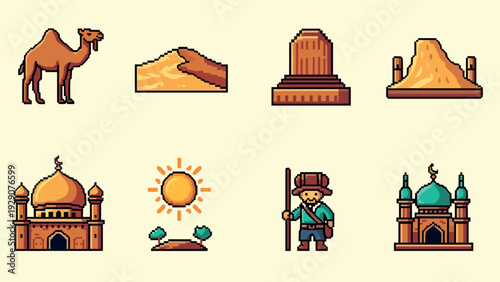 pixel art desert travel icons set camel pyramids monuments sun explorer character landscape