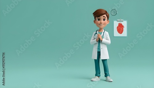 A cartoon doctor standing confidently with a stethoscope around his neck and a clipboard with a heart illustration beside him.