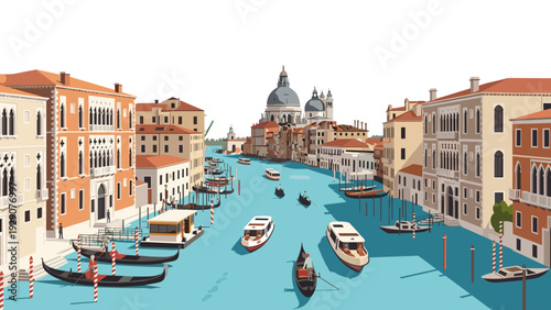 venice grand canal scene with gondolas motorboats and historic buildings hand drawn cityscape illustration