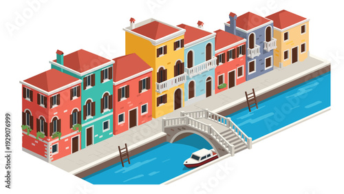isometric colorful canal street with mediterranean houses boat and a pedestrian bridge vector illustration