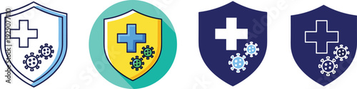 Medical shield protection icons with cross and virus symbols in flat vector illustration for healthcare security, immunity concept and insurance logo design.