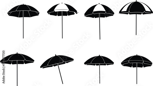 Set of eight beach umbrella silhouettes in different designs and angles, vector illustration for summer vacation, seaside decoration, outdoor leisure, coastal lifestyle, and travel artwork
