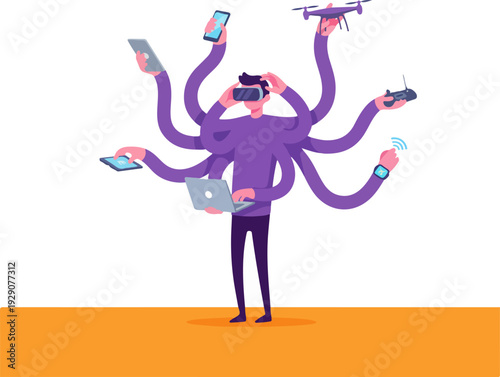 Multi-tasking Remote Worker with Six Giant Arms Surreal Vector