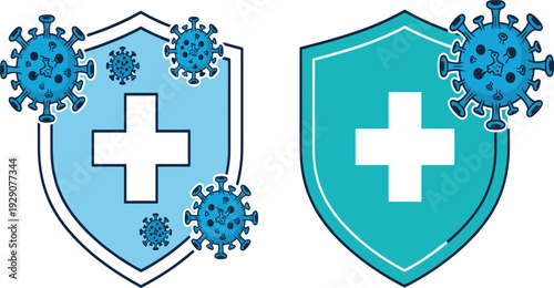 Medical shield protection against virus infection with healthcare cross symbol in flat vector illustration for immunity, antivirus defense and health insurance design.