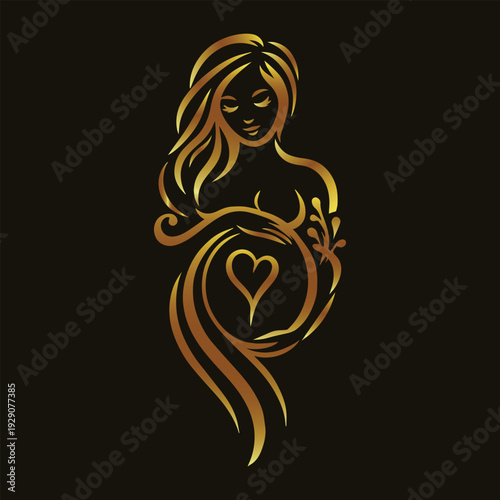 Pregnant woman art. Maternity silhouette. Golden mother icon. Pregnancy love logo. Heart belly vector. New life symbol. Motherhood graphic. Prenatal care art. Female fertility. Golden maternity.
