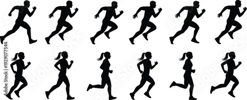 Silhouettes of male and female runners in motion sequence, sports vector illustration showing running poses for athletics, fitness, biomechanics, training, and physical education design