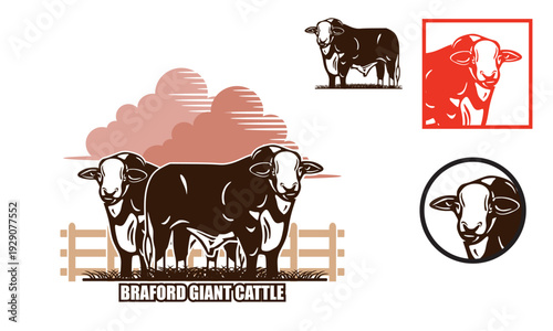 braford great giant cattle logo, silhouette of big bull standing vector illustrations