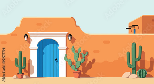 Charming adobe building with cactus plants and blue door in desert scene