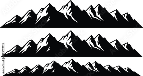 Stylized mountain range silhouettes in three rows with sharp peaks and valleys, symbolizing nature, adventure, landscape design, outdoor scenery, and vector illustration