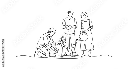 A minimalist line drawing of people planting a young sapling. A gardening and environmental concept symbolizing growth, sustainability, and participation in Earth Day activities.