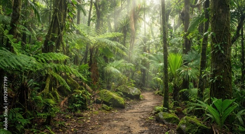Lush dense tropical rainforest with a winding dirt path leading through vibrant green foliage, mossy trees, and sunlit mist, creating an enchanting natural landscape