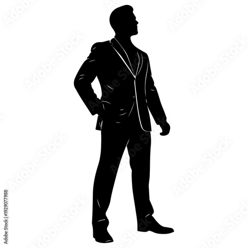 Silhouette of a businessman in a suit standing confidently. Vector illustration of a man, groom, or male model in formal wear isolated on white background.

