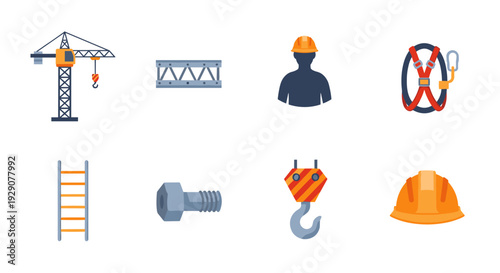 construction equipment and safety gear icon set in flat design for industrial and building illustration