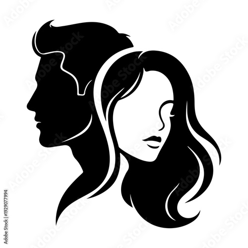 Man and woman face silhouette. Vector illustration of a beautiful couple profile portrait. Male and female heads for beauty salon or wedding logo design.

