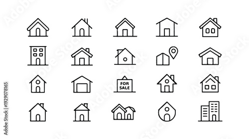 black and white line icons of various house and building silhouettes for architecture design