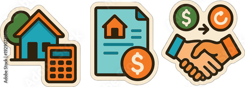 real estate icons set with hand drawn style calculator document and handshake