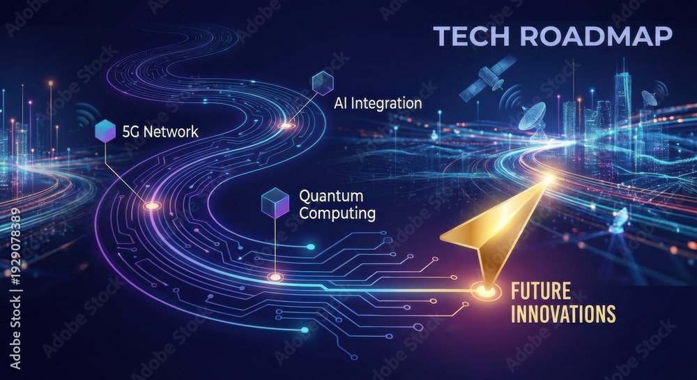 Obraz premium Dynamic futuristic technology roadmap illustration with glowing circuit paths, a golden arrow, and abstract data streams leading to future innovations against a dark blue background