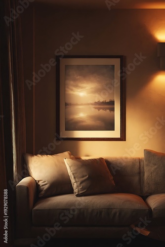 Cozy interior space features a framed landscape photograph above a comfortable upholstered sofa