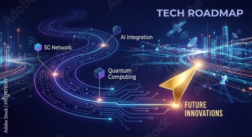 Dynamic futuristic technology roadmap illustration with glowing circuit paths, a golden arrow, and abstract data streams leading to future innovations against a dark blue background