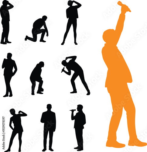 Large collection of black and orange silhouettes featuring male and female singers holding microphones performing and posing in various musical positions isolated on white background