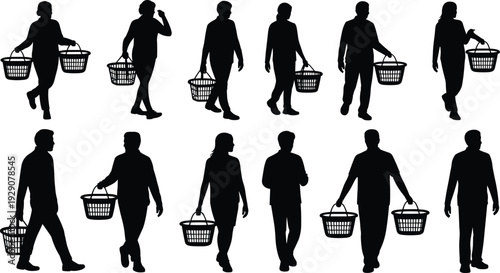 Collection of shoppers carrying grocery baskets silhouettes isolated on white background retail