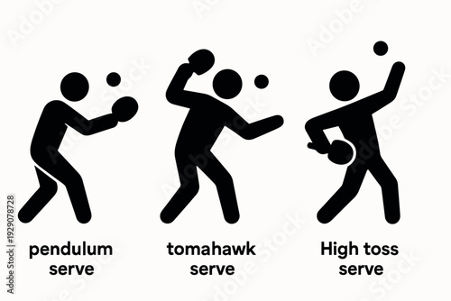set of different table tennis serve types black silhouette hand drawn icons
