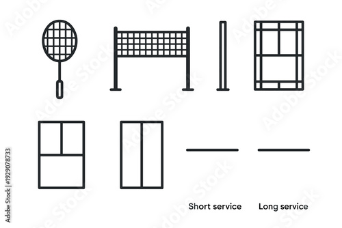 badminton racket and net with court lines vector set in minimalist outline style for sports and game design