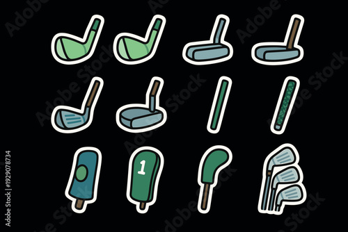 set of hand drawn golf clubs putters and golf grips in cartoon style