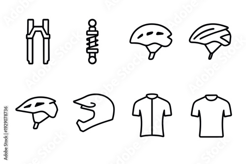 collection of hand drawn mountain biking gear icons including suspension fork shock helmets and cycling shirts