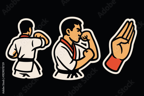karate martial arts man with black belt performing hand techniques set of three hand drawn cartoon style illustrations