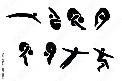 set of black silhouette figures performing yoga and gymnastic poses in minimalist style