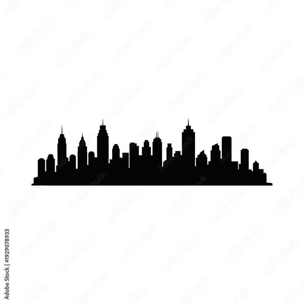 Obraz premium City skyline silhouette with various buildings and skyscrapers.