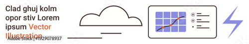 Cloud computing, data analysis, technology services, energy solutions, performance monitoring, graph visualization. Cloud, chart and lightning symbols. Cloud computing and data analysis concept