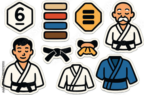 martial arts icons set hand drawn style with gi uniforms belts and masters illustration