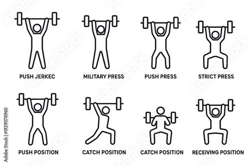 set of hand drawn weightlifting icons showing different press and catch positions for exercise and fitness