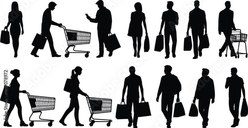 People shopping silhouettes with bags and supermarket carts isolated on white background