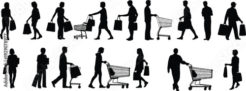 People shopping silhouettes with bags and carts isolated on white background retail concept