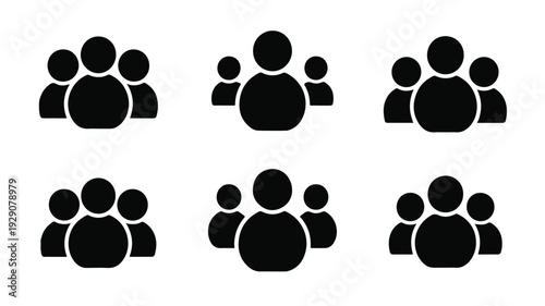 black silhouettes of people standing together in groups on white background