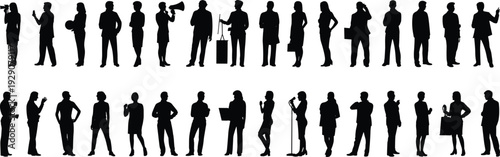 Large collection of black silhouettes featuring diverse men and women standing speaking into megaphones and microphones in various active poses isolated on white background