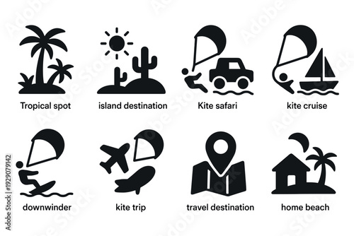 set of black tropical and kite surfing icons hand drawn style for travel and adventure design
