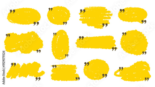 Yellow text shapes with quotation marks. Set of abstract dialog boxes. Square, rectangular, round, and oval text boxes with space for text, vector graphics
