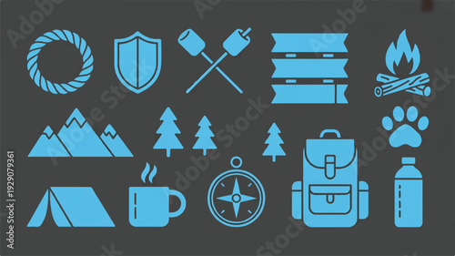 blue camping icons on dark gray background